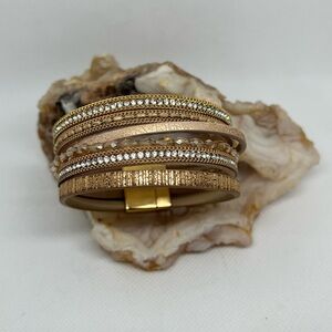 Gold and Silver Multi-Layered Leather Bracelet with Textured Accents